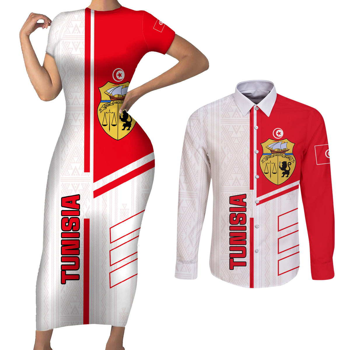 Tunisia Football Couples Matching Short Sleeve Bodycon Dress and Long Sleeve Button Shirt Go Eagles of Carthage - Wonder Print Shop
