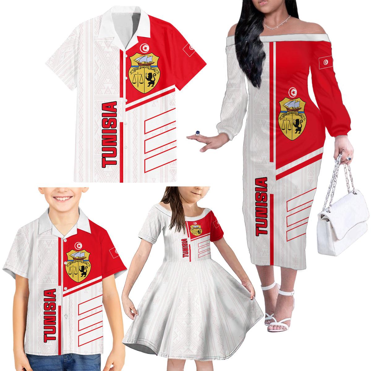 Tunisia Football Family Matching Off Shoulder Long Sleeve Dress and Hawaiian Shirt Go Eagles of Carthage - Wonder Print Shop