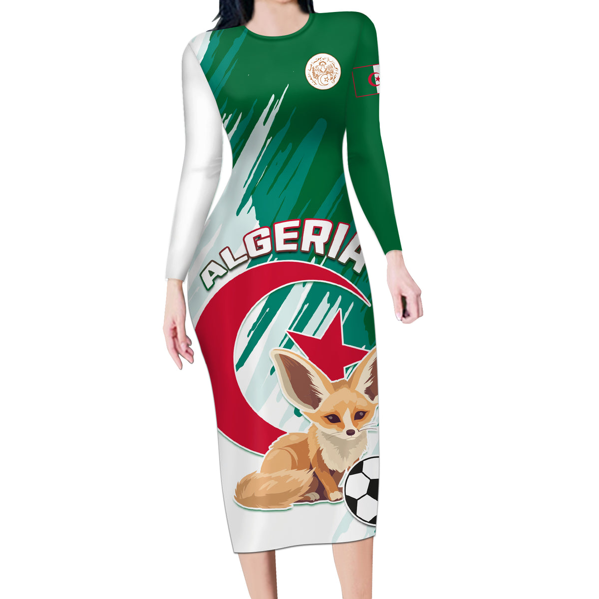 Algeria Football Long Sleeve Bodycon Dress Go Les Fennecs - Wonder Print Shop