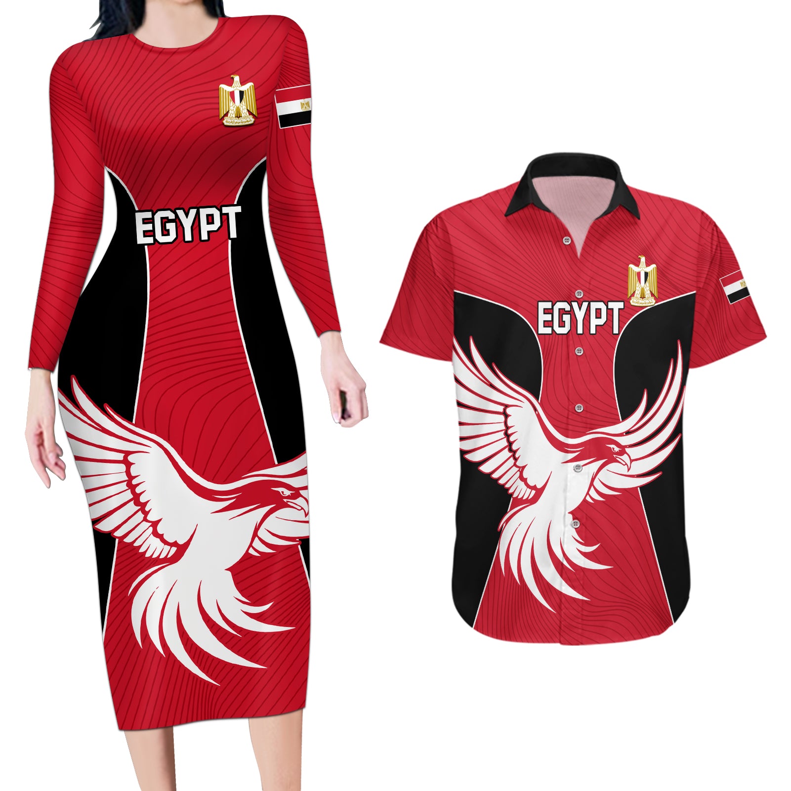 Egypt Football Couples Matching Long Sleeve Bodycon Dress and Hawaiian Shirt Go The Pharaohs