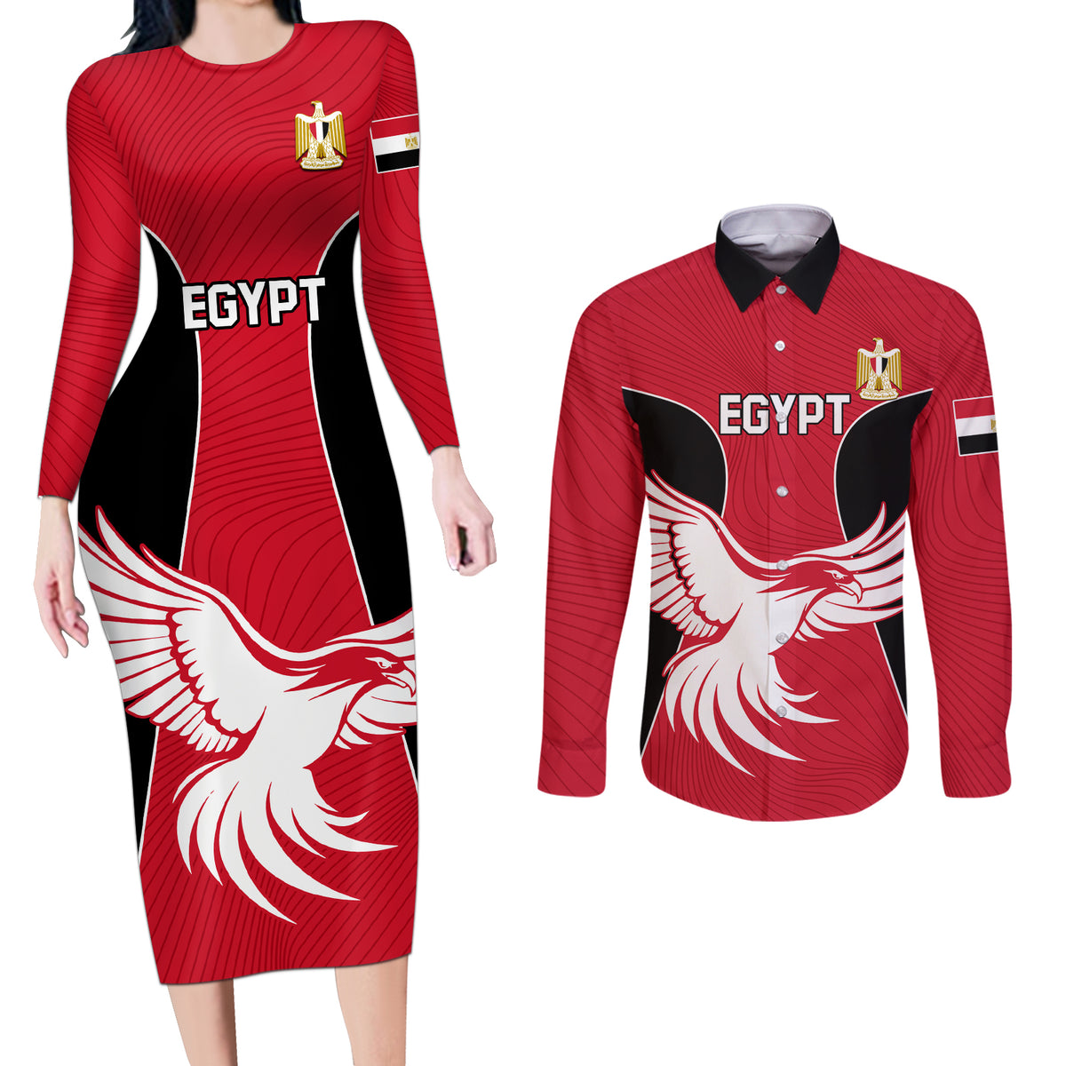 Egypt Football Couples Matching Long Sleeve Bodycon Dress and Long Sleeve Button Shirt Go The Pharaohs - Wonder Print Shop
