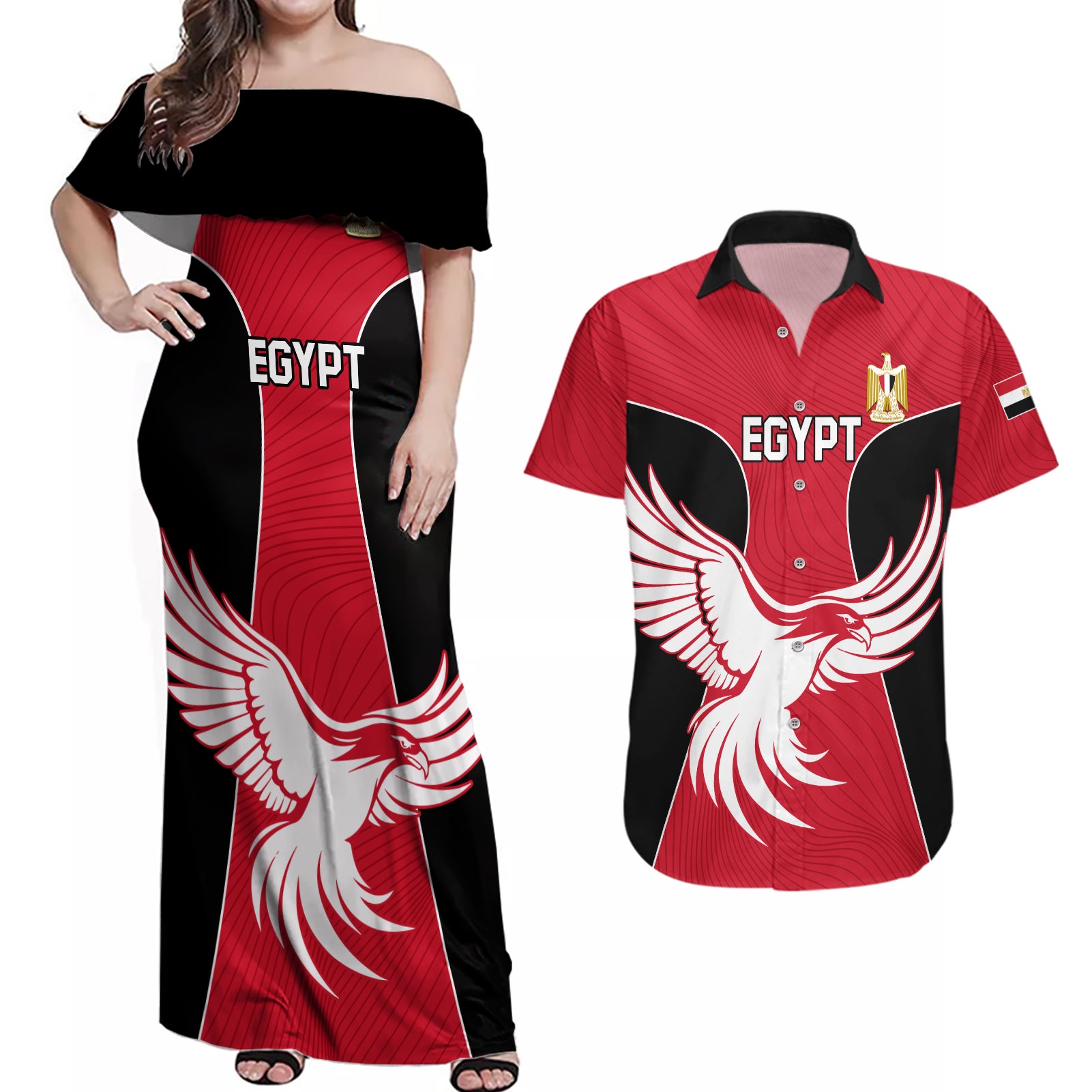 Egypt Football Couples Matching Off Shoulder Maxi Dress and Hawaiian Shirt Go The Pharaohs