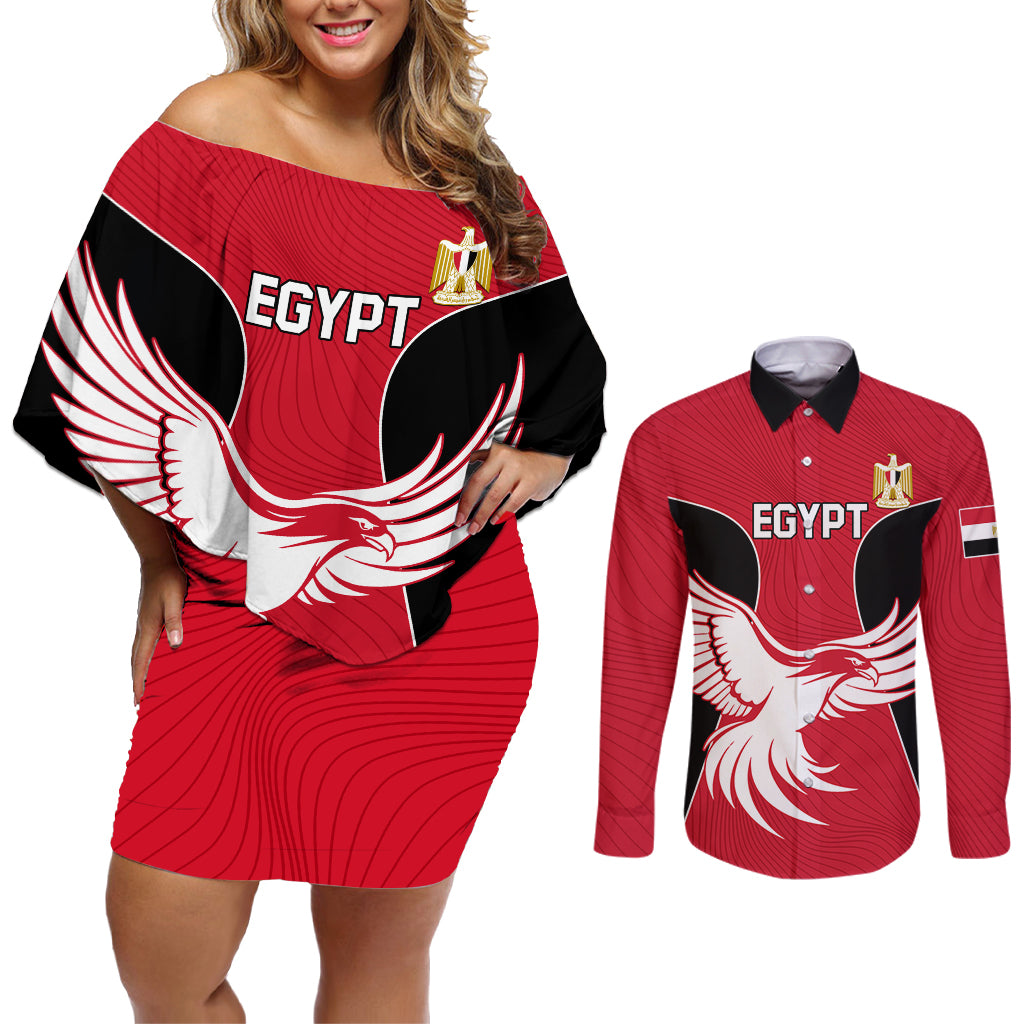 Egypt Football Couples Matching Off Shoulder Short Dress and Long Sleeve Button Shirt Go The Pharaohs - Wonder Print Shop