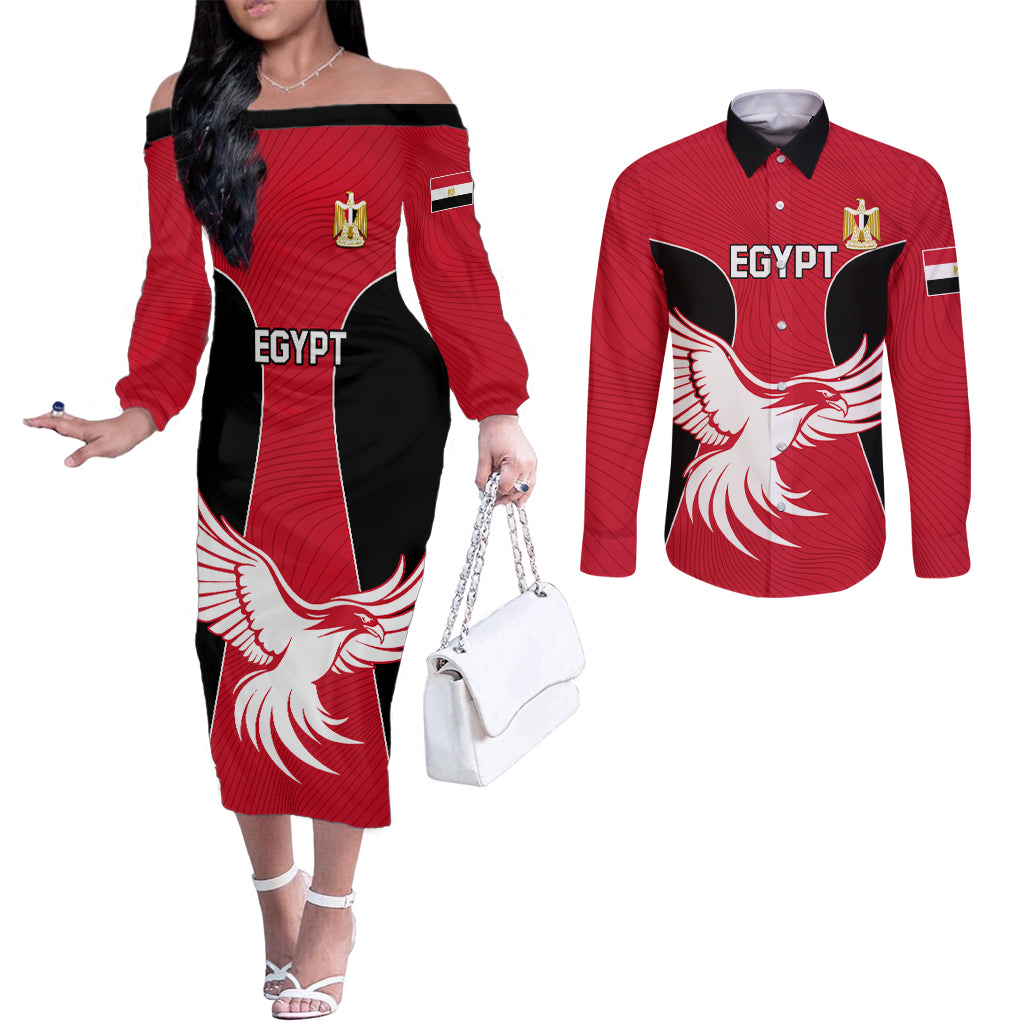 Egypt Football Couples Matching Off The Shoulder Long Sleeve Dress and Long Sleeve Button Shirt Go The Pharaohs