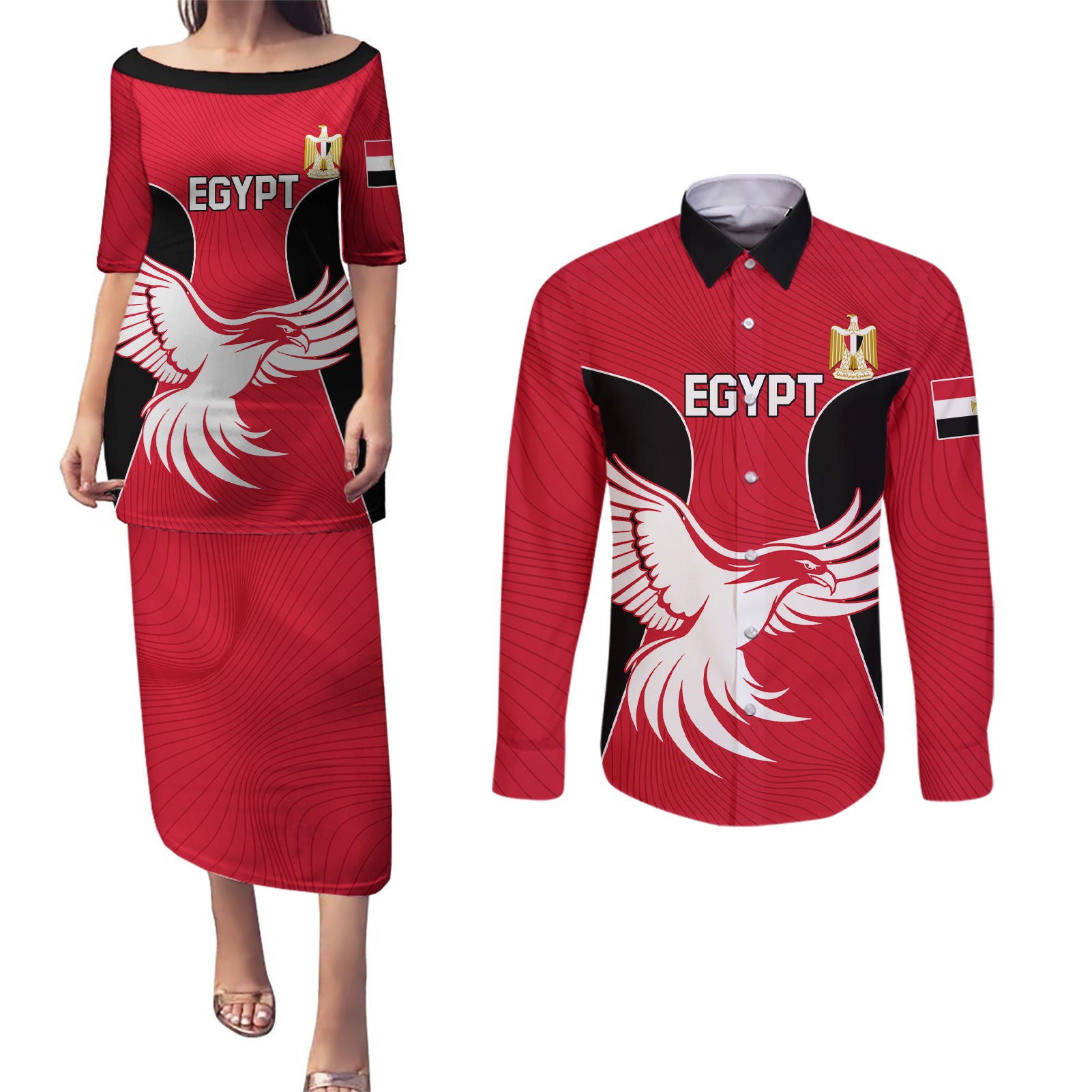 Egypt Football Couples Matching Puletasi and Long Sleeve Button Shirt Go The Pharaohs