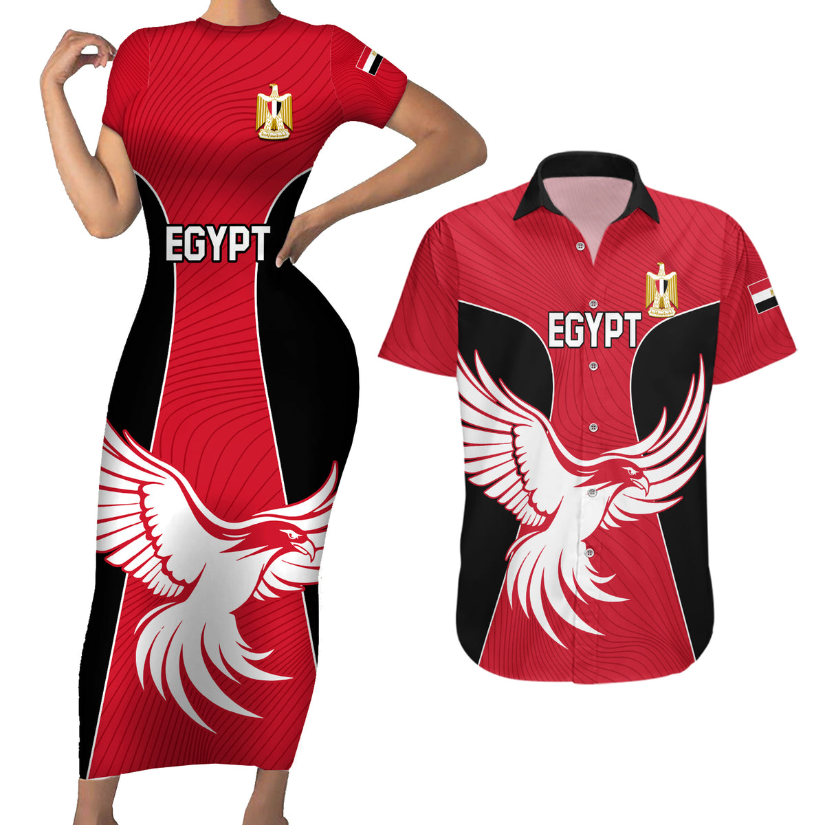 Egypt Football Couples Matching Short Sleeve Bodycon Dress and Hawaiian Shirt Go The Pharaohs - Wonder Print Shop