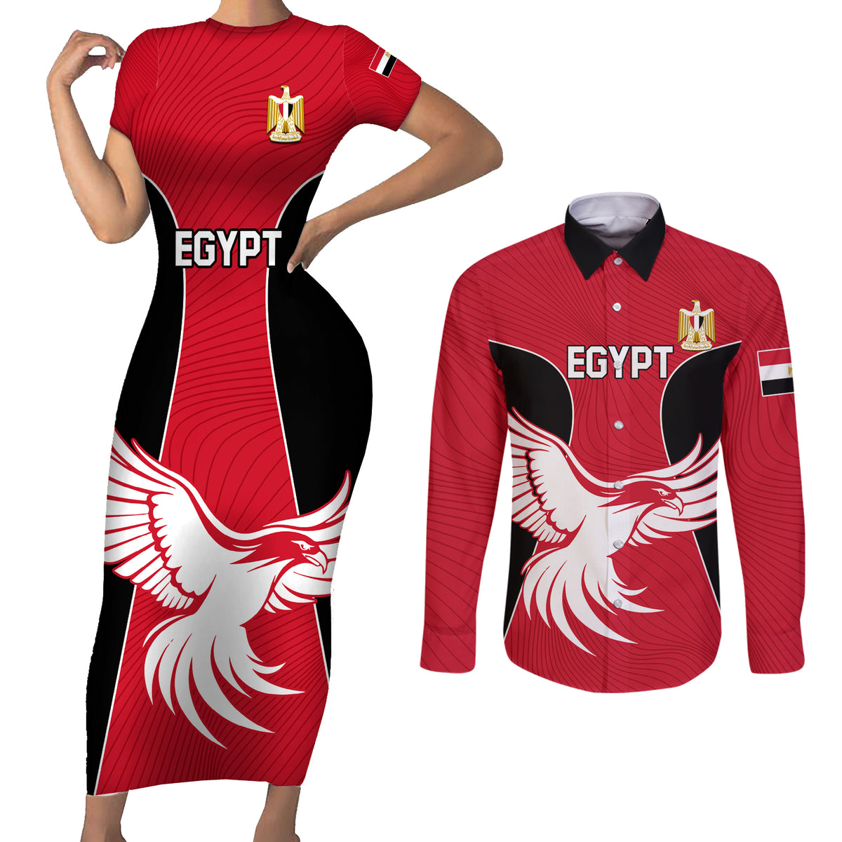 Egypt Football Couples Matching Short Sleeve Bodycon Dress and Long Sleeve Button Shirt Go The Pharaohs - Wonder Print Shop