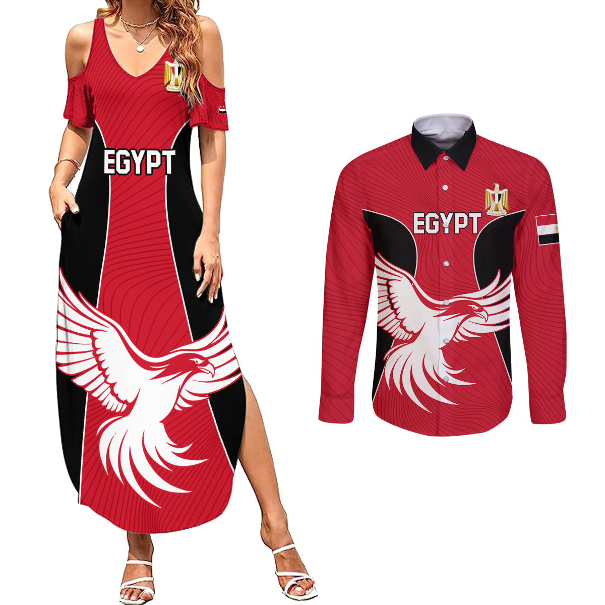 Egypt Football Couples Matching Summer Maxi Dress and Long Sleeve Button Shirt Go The Pharaohs