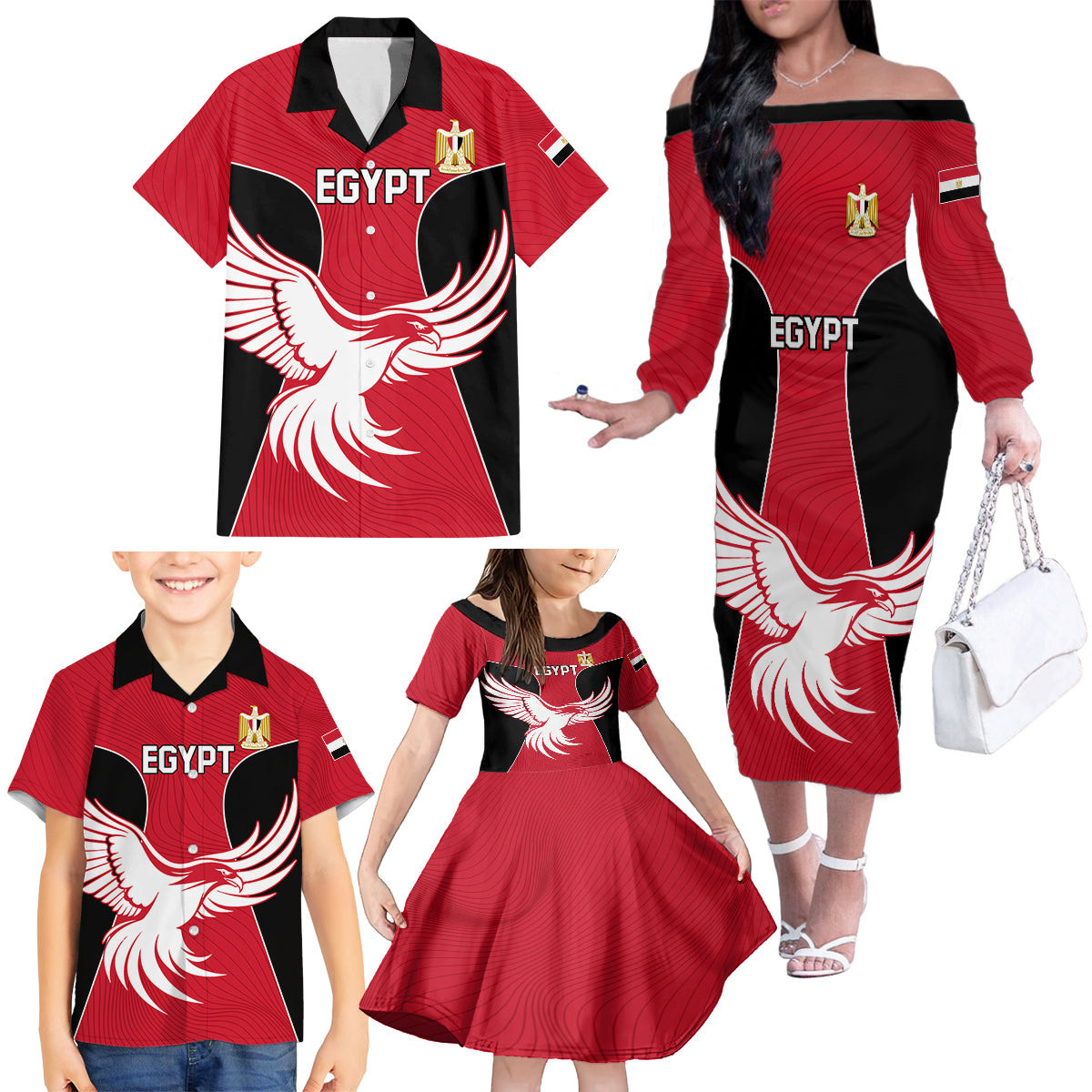 Egypt Football Family Matching Off Shoulder Long Sleeve Dress and Hawaiian Shirt Go The Pharaohs - Wonder Print Shop