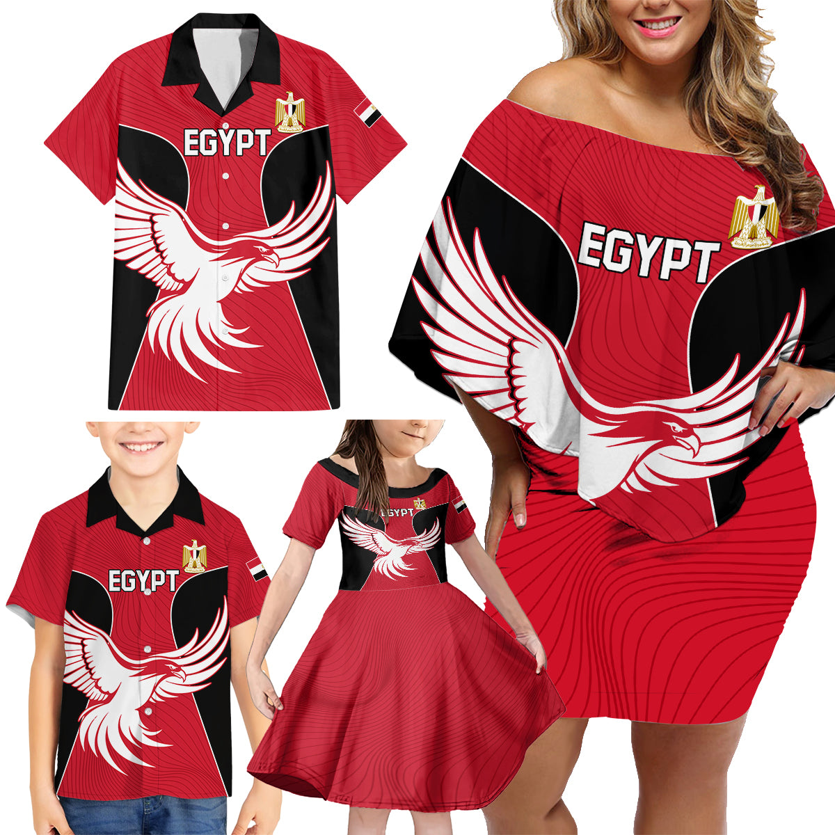 Egypt Football Family Matching Off Shoulder Short Dress and Hawaiian Shirt Go The Pharaohs
