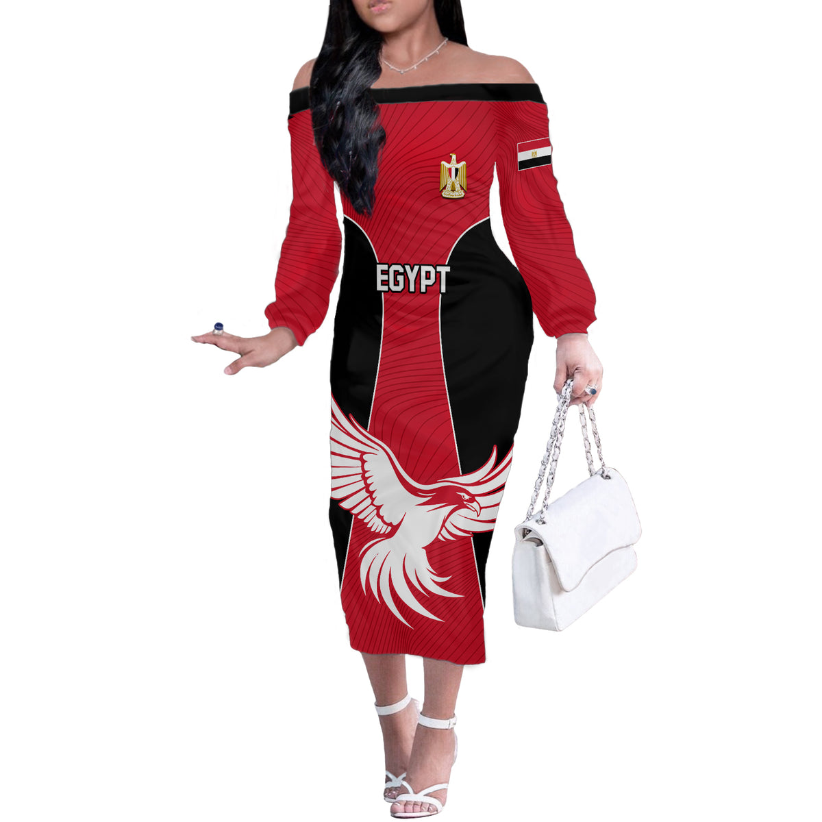 Egypt Football Off The Shoulder Long Sleeve Dress Go The Pharaohs - Wonder Print Shop