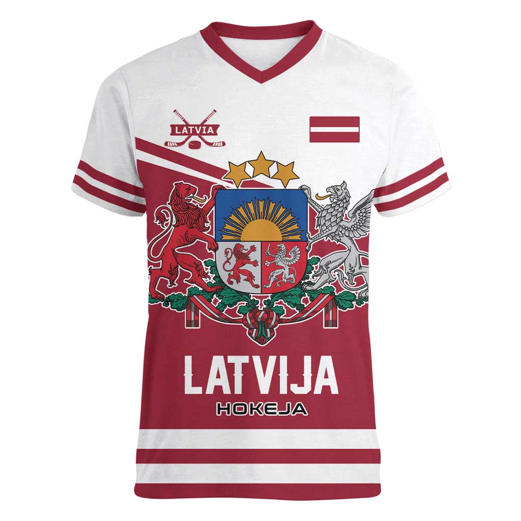 Custom Hockey 2026 Latvia Women V-Neck T-Shirt Latvians Go Champions