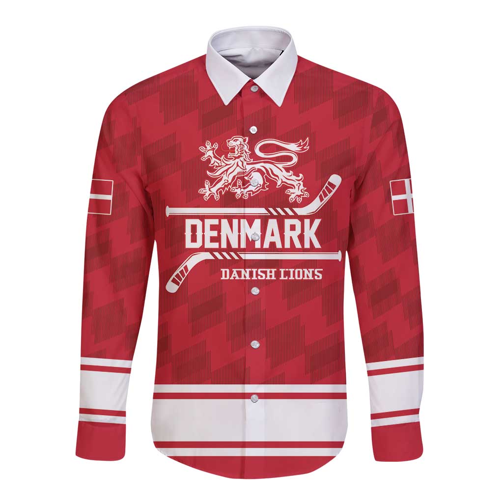 Custom Hockey 2026 Denmark Long Sleeve Button Shirt Danish Lions Go Champions