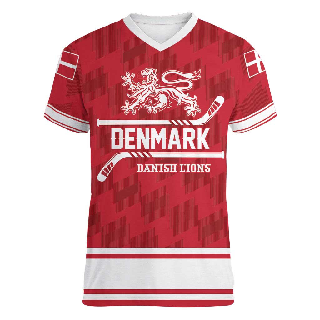 Custom Hockey 2026 Denmark Women V-Neck T-Shirt Danish Lions Go Champions