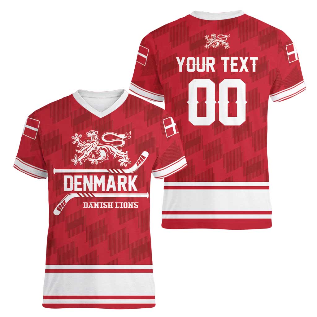 Custom Hockey 2026 Denmark Women V-Neck T-Shirt Danish Lions Go Champions