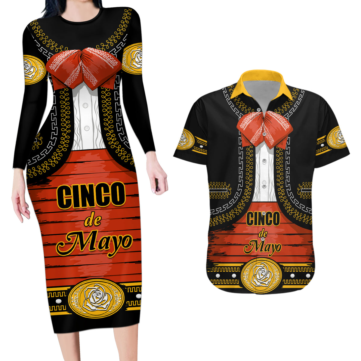 Cinco de Mayo 2024 Couples Matching Long Sleeve Bodycon Dress and Hawaiian Shirt Traje de Charro Style - Wonder Print Shop