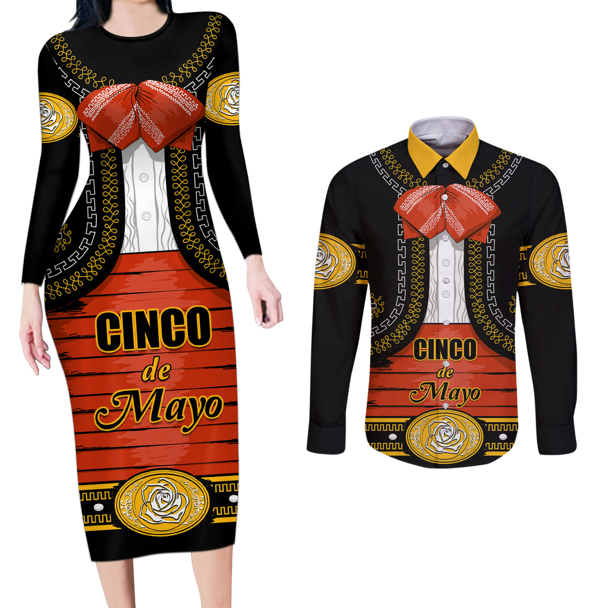 Cinco de Mayo 2024 Couples Matching Long Sleeve Bodycon Dress and Long Sleeve Button Shirt Traje de Charro Style - Wonder Print Shop