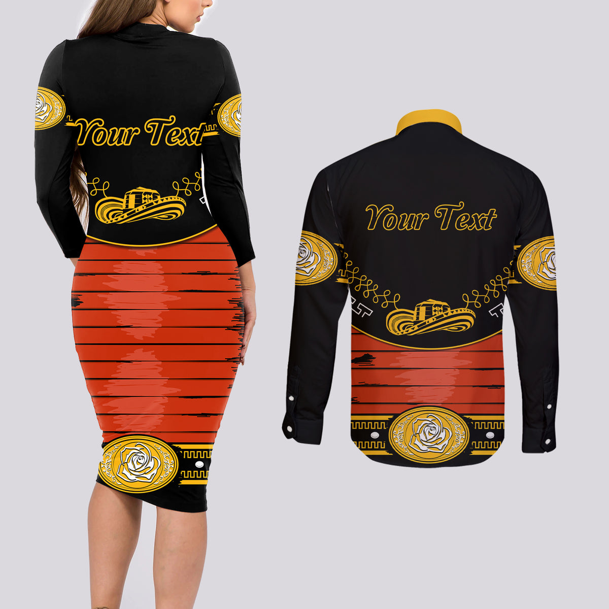 Cinco de Mayo 2024 Couples Matching Long Sleeve Bodycon Dress and Long Sleeve Button Shirt Traje de Charro Style - Wonder Print Shop