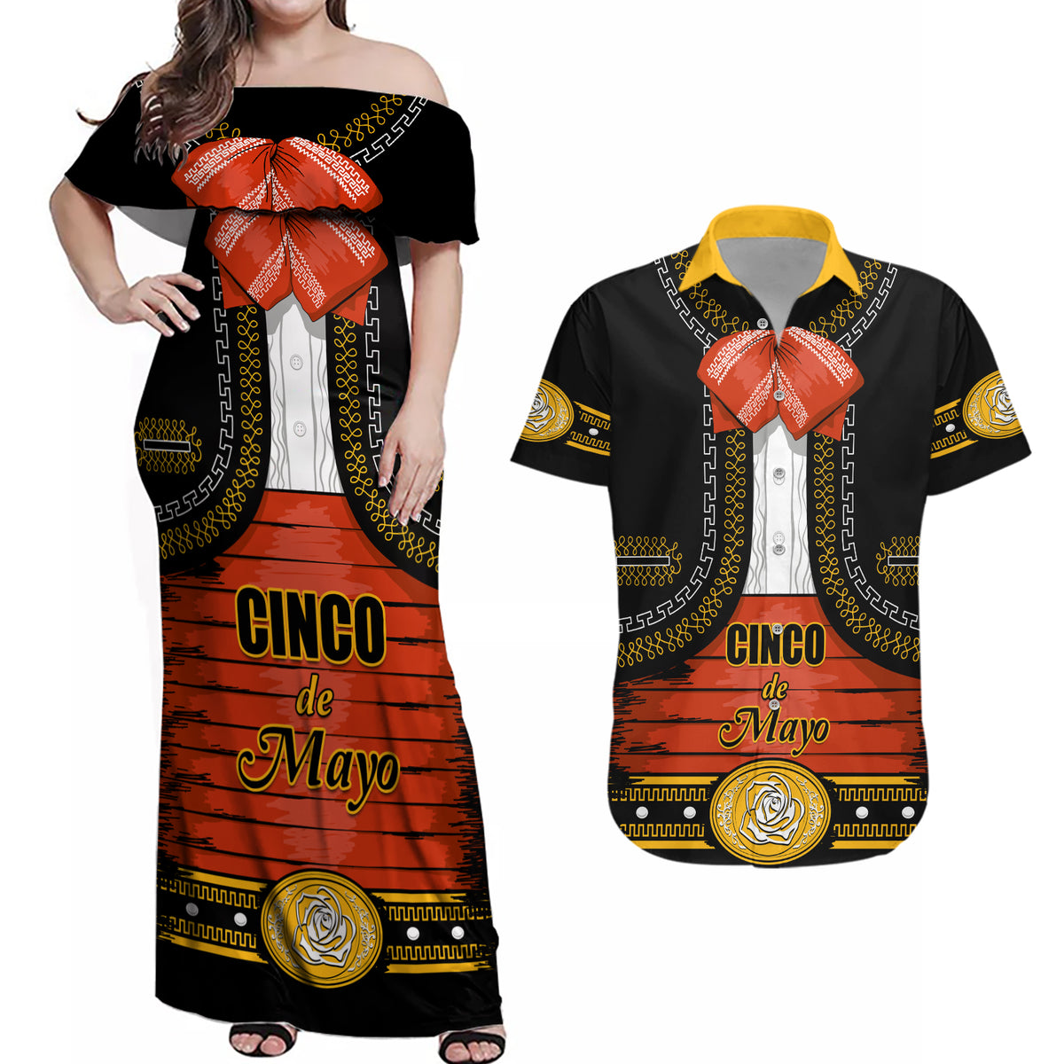 Cinco de Mayo 2024 Couples Matching Off Shoulder Maxi Dress and Hawaiian Shirt Traje de Charro Style - Wonder Print Shop