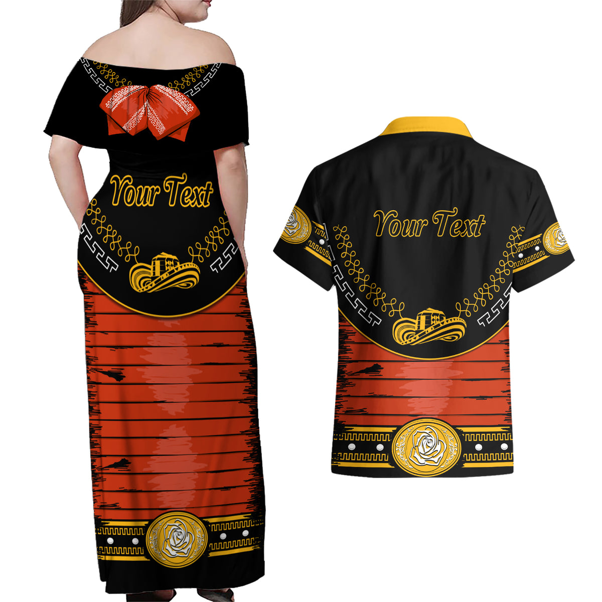 Cinco de Mayo 2024 Couples Matching Off Shoulder Maxi Dress and Hawaiian Shirt Traje de Charro Style - Wonder Print Shop