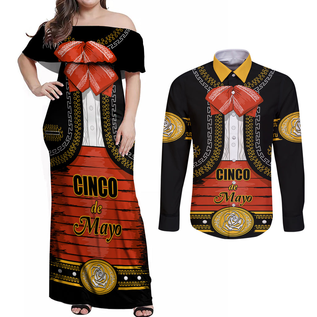 Cinco de Mayo 2024 Couples Matching Off Shoulder Maxi Dress and Long Sleeve Button Shirt Traje de Charro Style - Wonder Print Shop