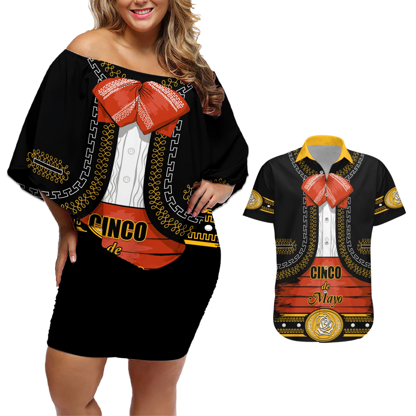 Cinco de Mayo 2024 Couples Matching Off Shoulder Short Dress and Hawaiian Shirt Traje de Charro Style - Wonder Print Shop