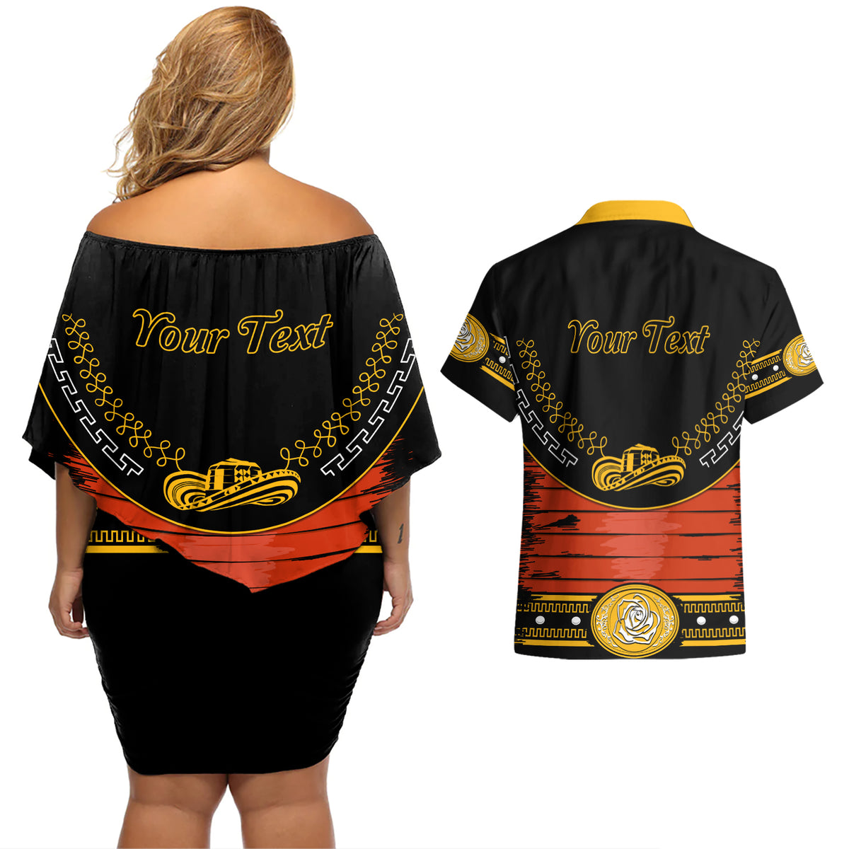 Cinco de Mayo 2024 Couples Matching Off Shoulder Short Dress and Hawaiian Shirt Traje de Charro Style - Wonder Print Shop