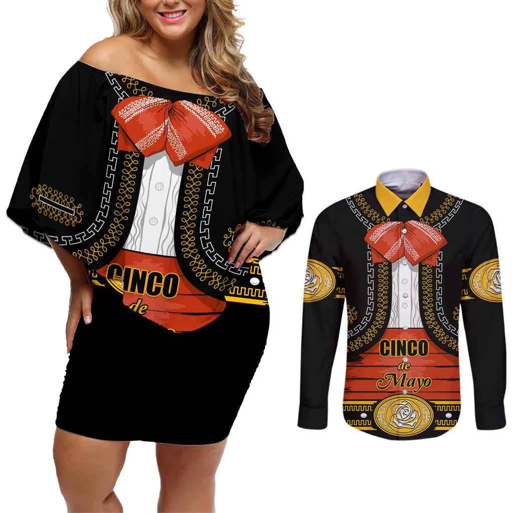 Cinco de Mayo 2024 Couples Matching Off Shoulder Short Dress and Long Sleeve Button Shirt Traje de Charro Style - Wonder Print Shop
