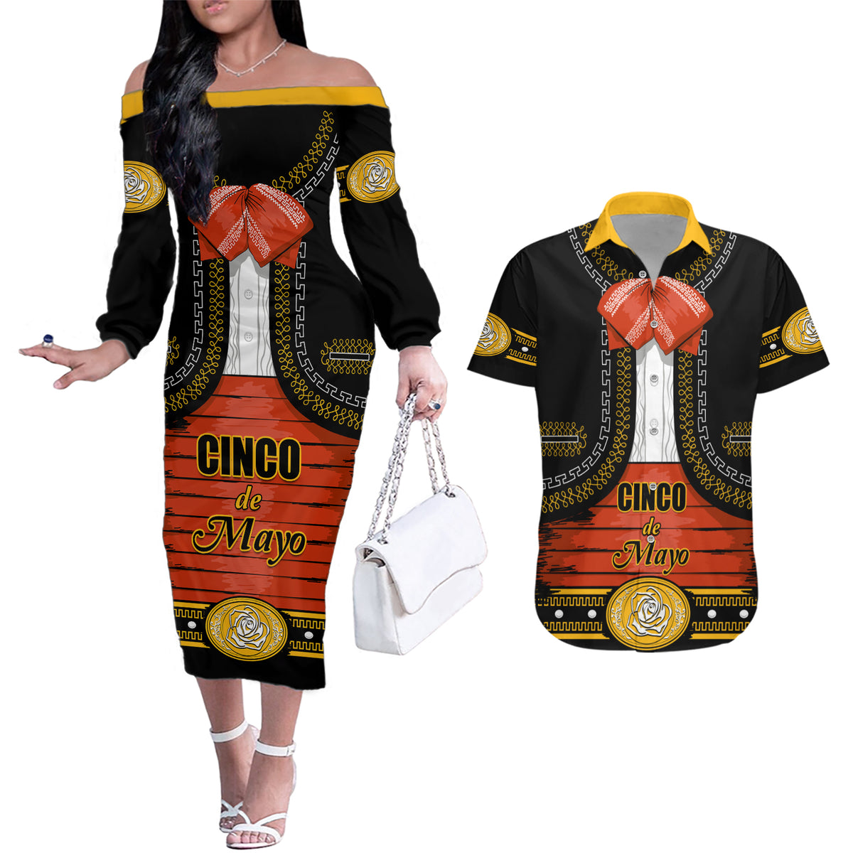 Cinco de Mayo 2024 Couples Matching Off The Shoulder Long Sleeve Dress and Hawaiian Shirt Traje de Charro Style - Wonder Print Shop