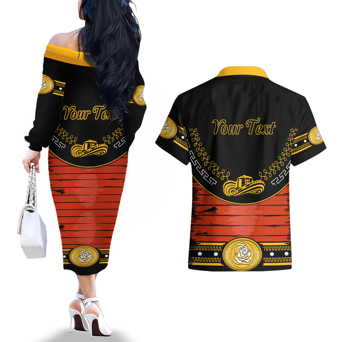 Cinco de Mayo 2024 Couples Matching Off The Shoulder Long Sleeve Dress and Hawaiian Shirt Traje de Charro Style - Wonder Print Shop