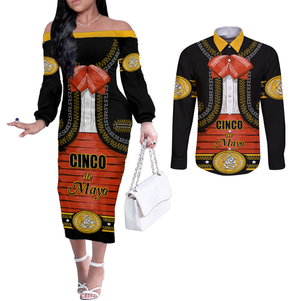 Cinco de Mayo 2024 Couples Matching Off The Shoulder Long Sleeve Dress and Long Sleeve Button Shirt Traje de Charro Style