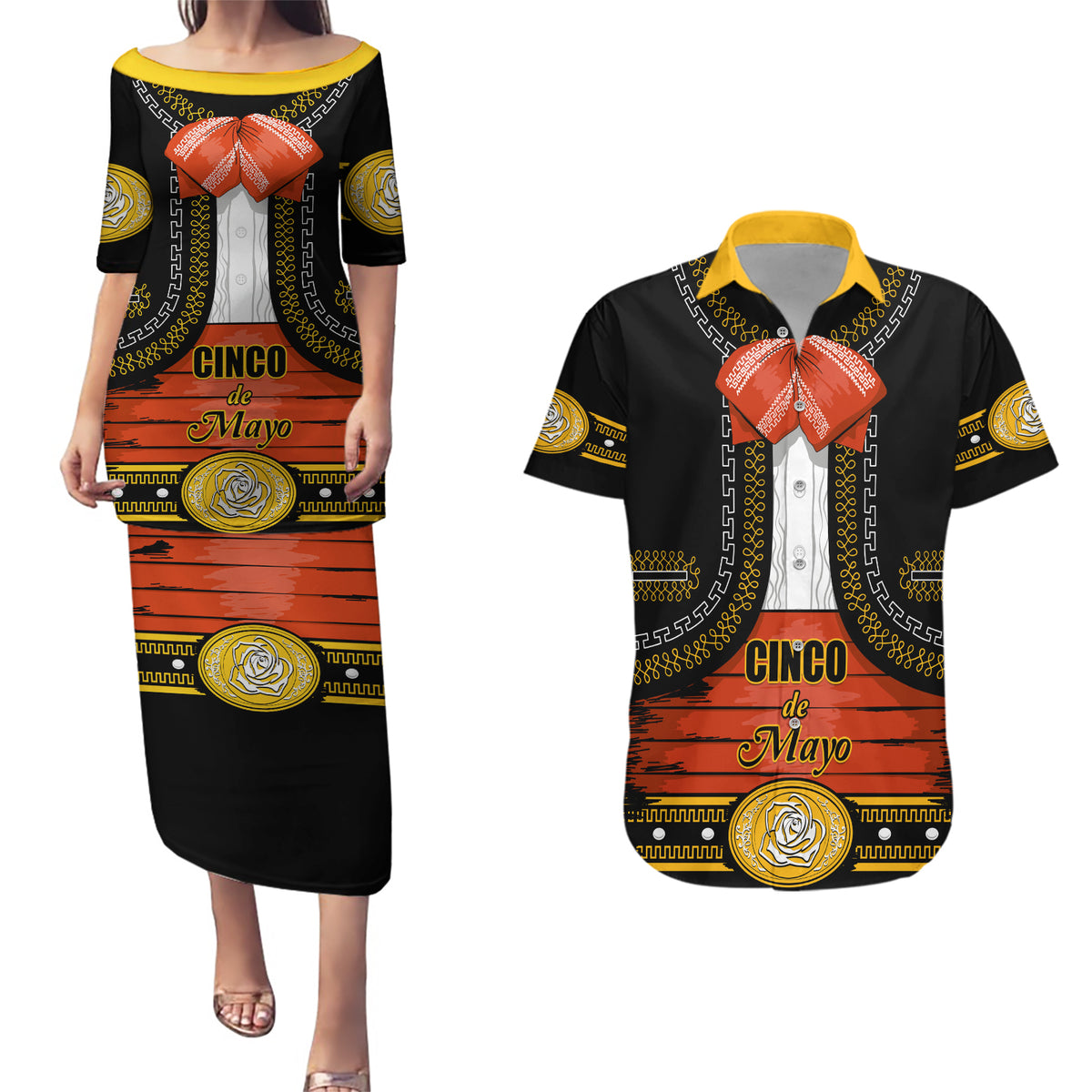 Cinco de Mayo 2024 Couples Matching Puletasi and Hawaiian Shirt Traje de Charro Style - Wonder Print Shop