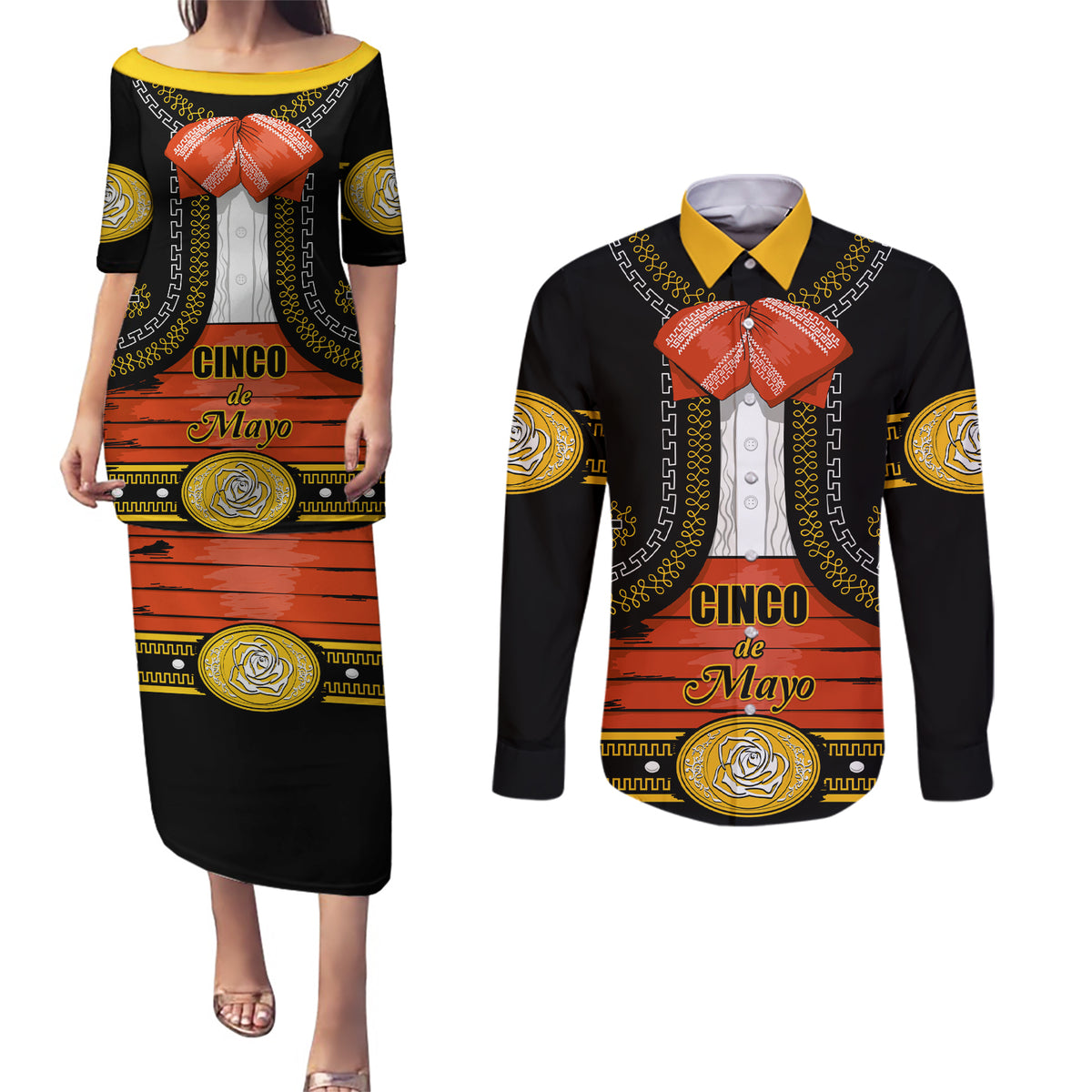 Cinco de Mayo 2024 Couples Matching Puletasi and Long Sleeve Button Shirt Traje de Charro Style - Wonder Print Shop