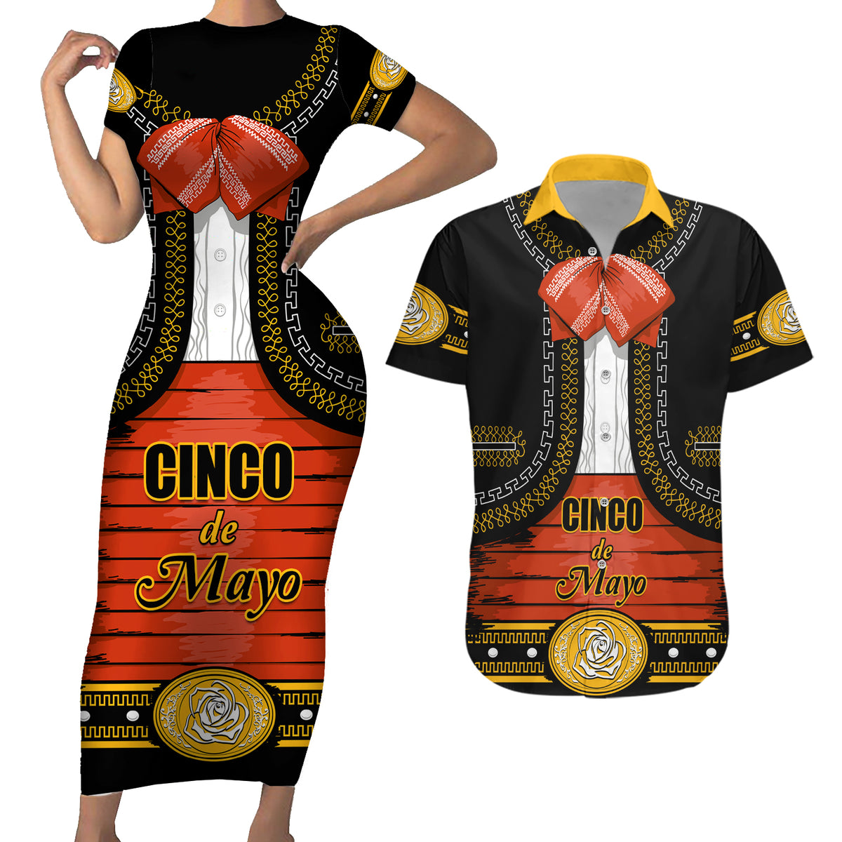 Cinco de Mayo 2024 Couples Matching Short Sleeve Bodycon Dress and Hawaiian Shirt Traje de Charro Style - Wonder Print Shop