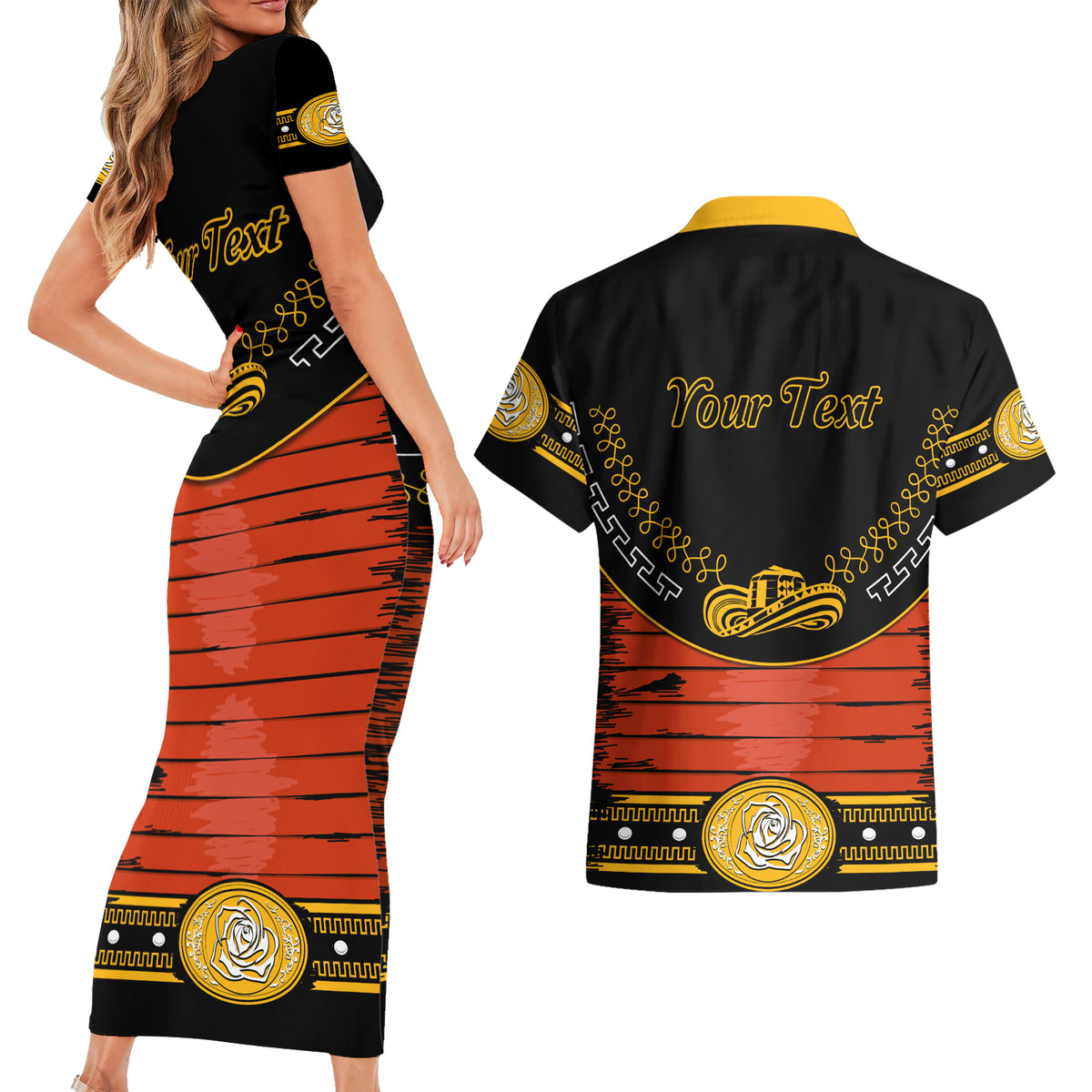 Cinco de Mayo 2024 Couples Matching Short Sleeve Bodycon Dress and Hawaiian Shirt Traje de Charro Style - Wonder Print Shop