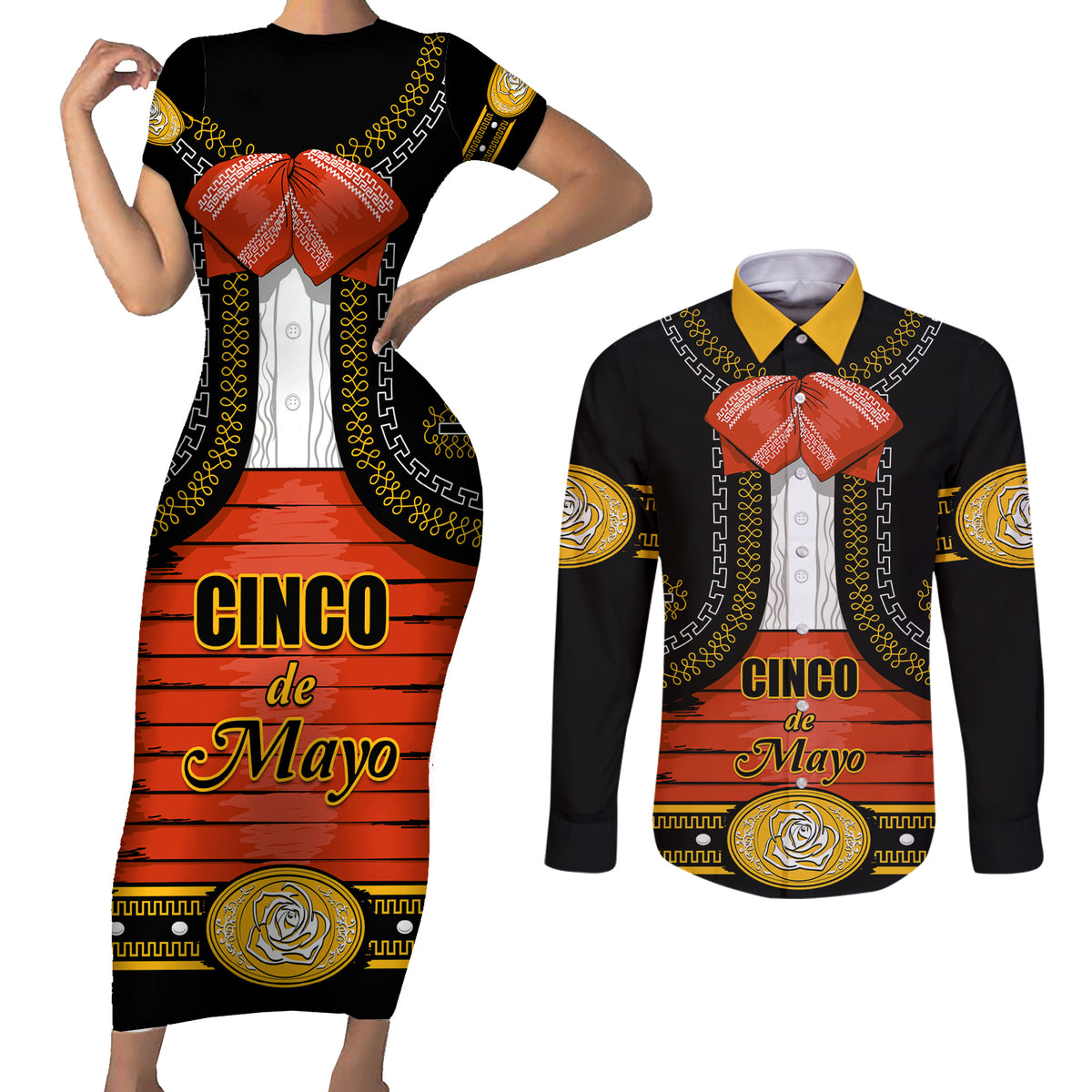 Cinco de Mayo 2024 Couples Matching Short Sleeve Bodycon Dress and Long Sleeve Button Shirt Traje de Charro Style - Wonder Print Shop