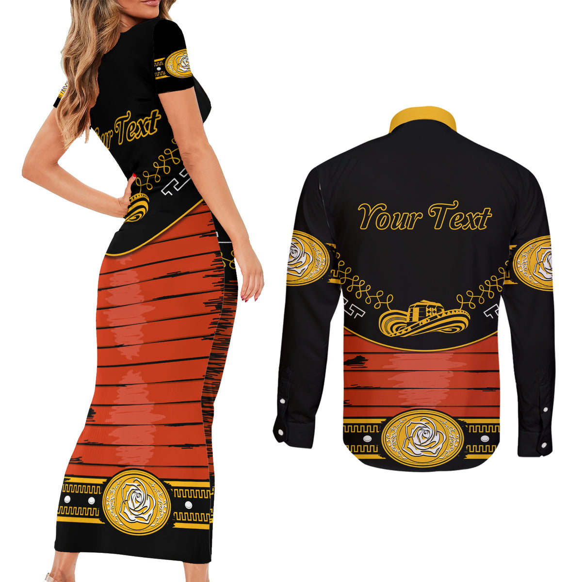 Cinco de Mayo 2024 Couples Matching Short Sleeve Bodycon Dress and Long Sleeve Button Shirt Traje de Charro Style - Wonder Print Shop