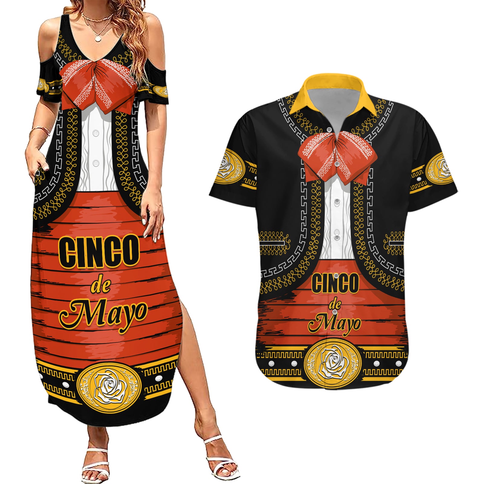 Cinco de Mayo 2024 Couples Matching Summer Maxi Dress and Hawaiian Shirt Traje de Charro Style - Wonder Print Shop