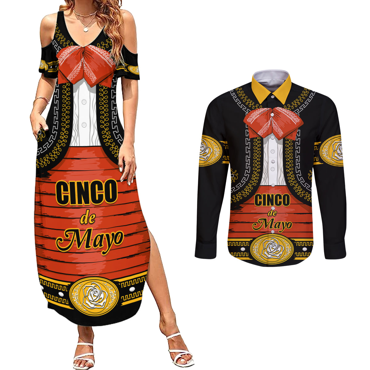 Cinco de Mayo 2024 Couples Matching Summer Maxi Dress and Long Sleeve Button Shirt Traje de Charro Style - Wonder Print Shop