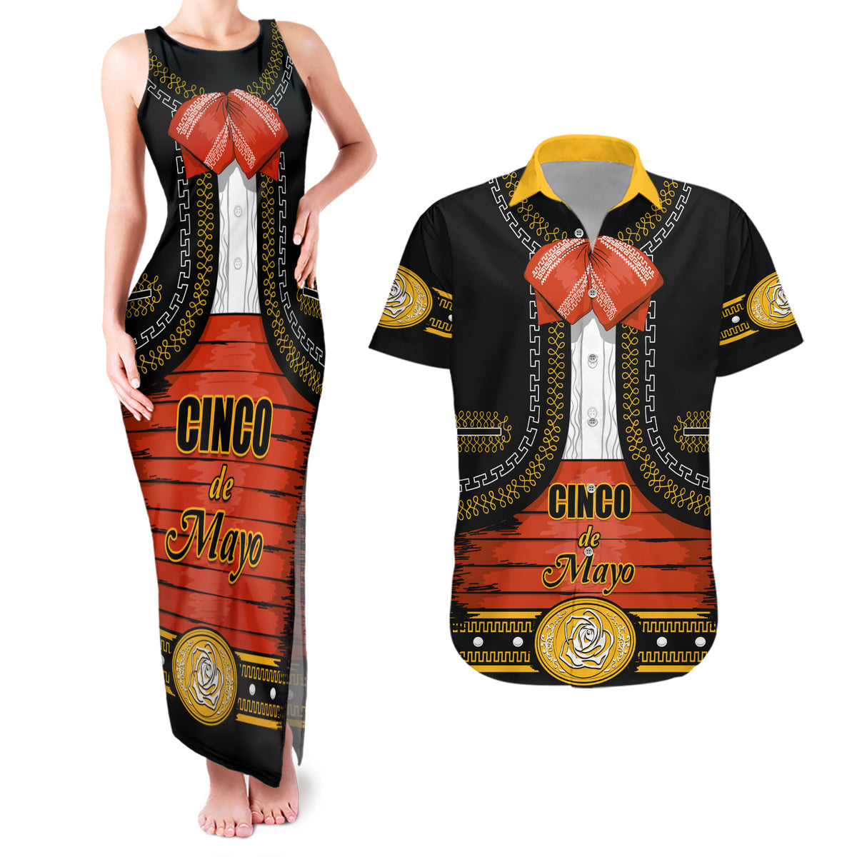 Cinco de Mayo 2024 Couples Matching Tank Maxi Dress and Hawaiian Shirt Traje de Charro Style - Wonder Print Shop