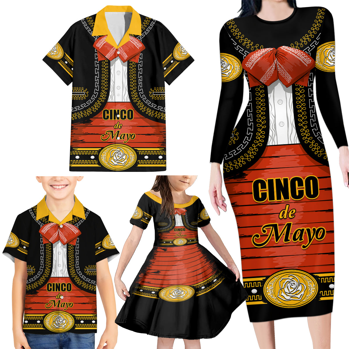 Cinco de Mayo 2024 Family Matching Long Sleeve Bodycon Dress and Hawaiian Shirt Traje de Charro Style - Wonder Print Shop
