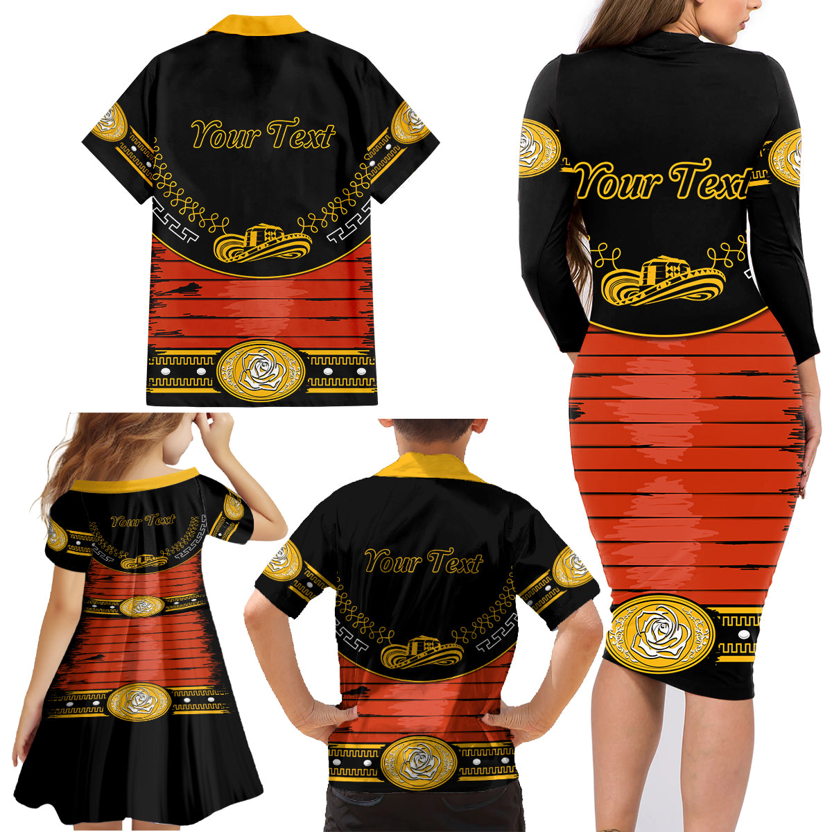 Cinco de Mayo 2024 Family Matching Long Sleeve Bodycon Dress and Hawaiian Shirt Traje de Charro Style - Wonder Print Shop