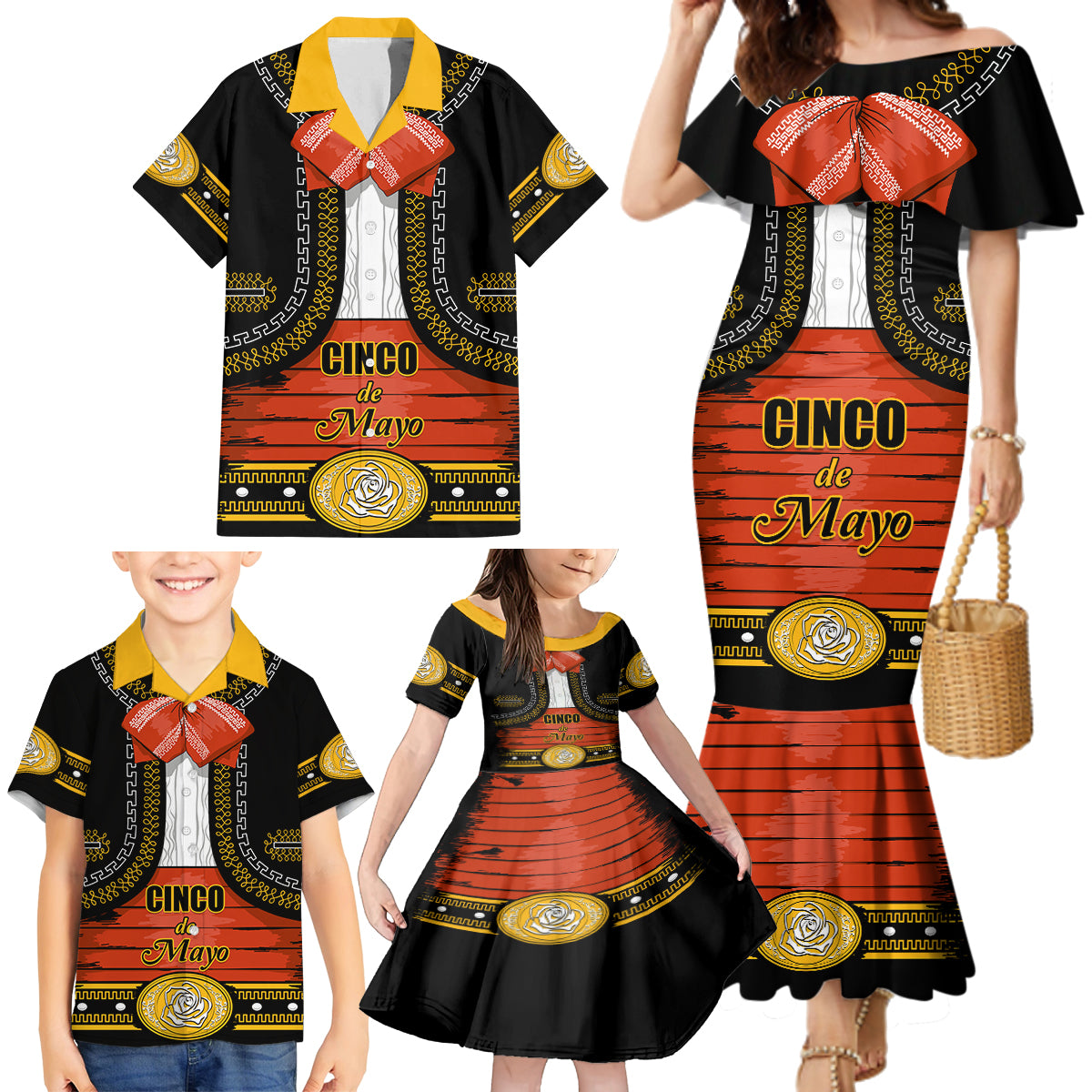 Cinco de Mayo 2024 Family Matching Mermaid Dress and Hawaiian Shirt Traje de Charro Style - Wonder Print Shop