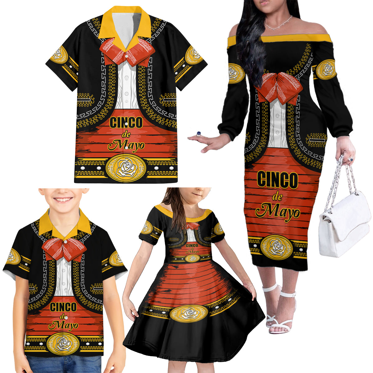 Cinco de Mayo 2024 Family Matching Off The Shoulder Long Sleeve Dress and Hawaiian Shirt Traje de Charro Style - Wonder Print Shop