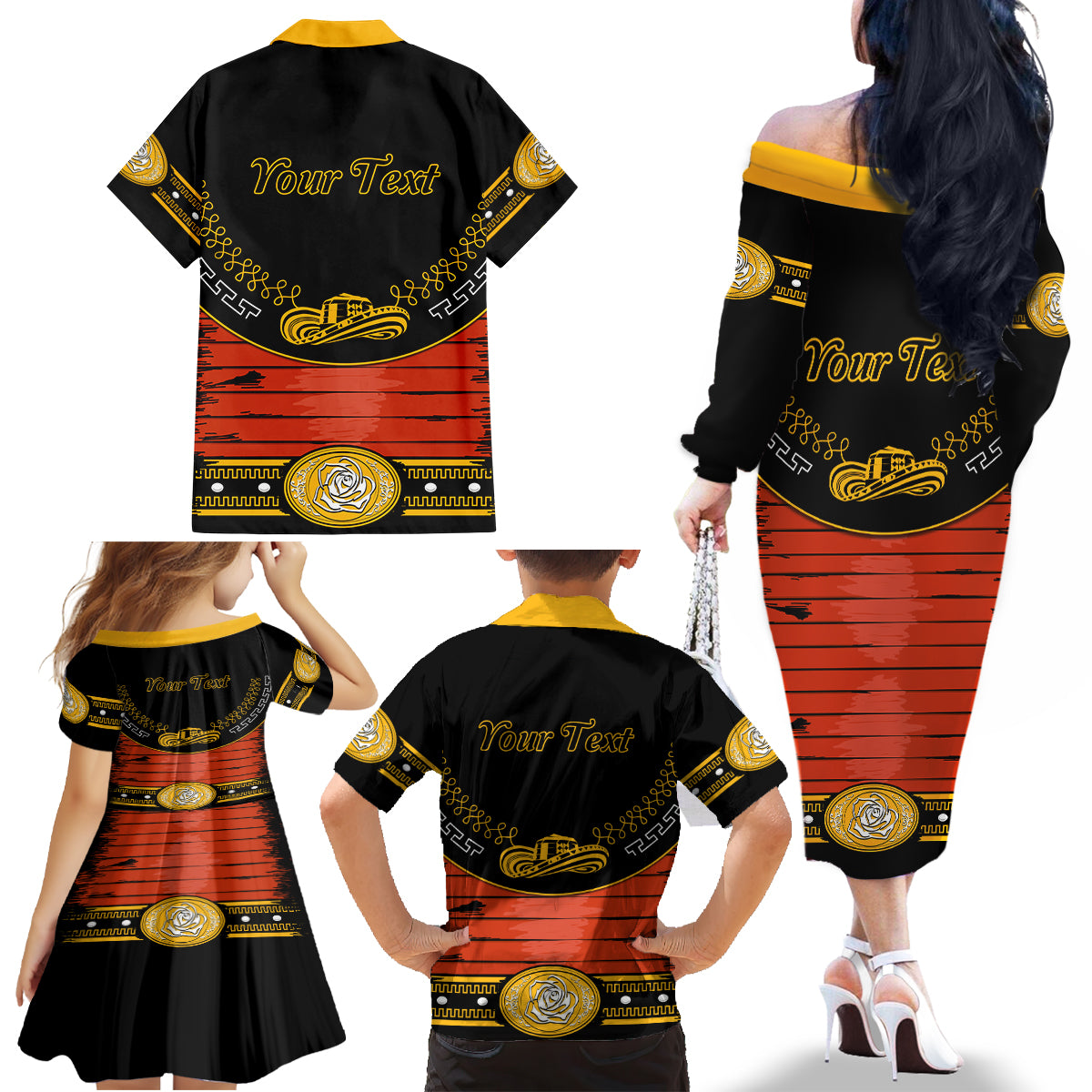 Cinco de Mayo 2024 Family Matching Off The Shoulder Long Sleeve Dress and Hawaiian Shirt Traje de Charro Style - Wonder Print Shop