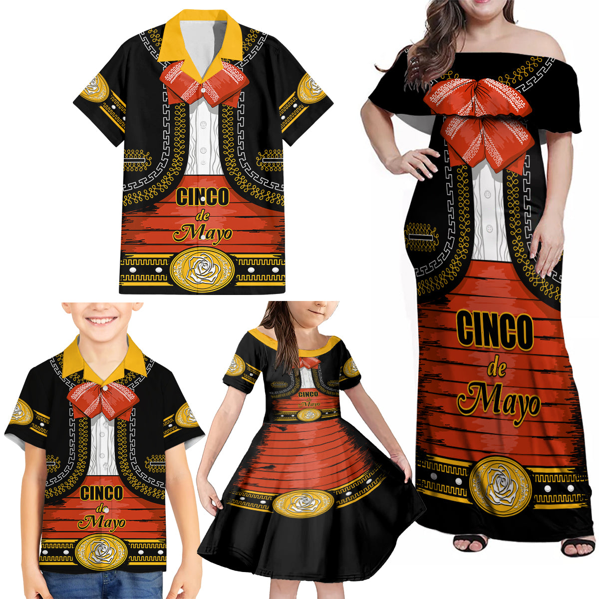 Cinco de Mayo 2024 Family Matching Off Shoulder Maxi Dress and Hawaiian Shirt Traje de Charro Style - Wonder Print Shop