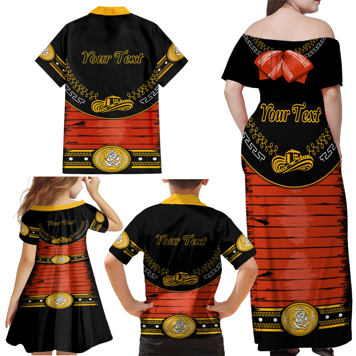 Cinco de Mayo 2024 Family Matching Off Shoulder Maxi Dress and Hawaiian Shirt Traje de Charro Style - Wonder Print Shop
