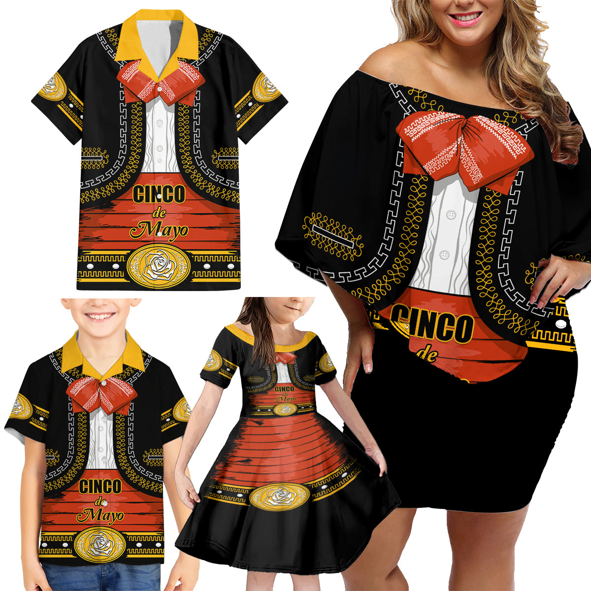 Cinco de Mayo 2024 Family Matching Off Shoulder Short Dress and Hawaiian Shirt Traje de Charro Style - Wonder Print Shop