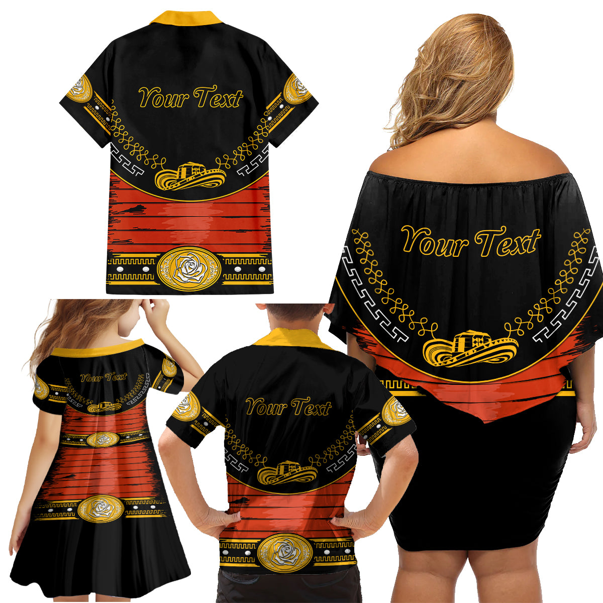 Cinco de Mayo 2024 Family Matching Off Shoulder Short Dress and Hawaiian Shirt Traje de Charro Style - Wonder Print Shop