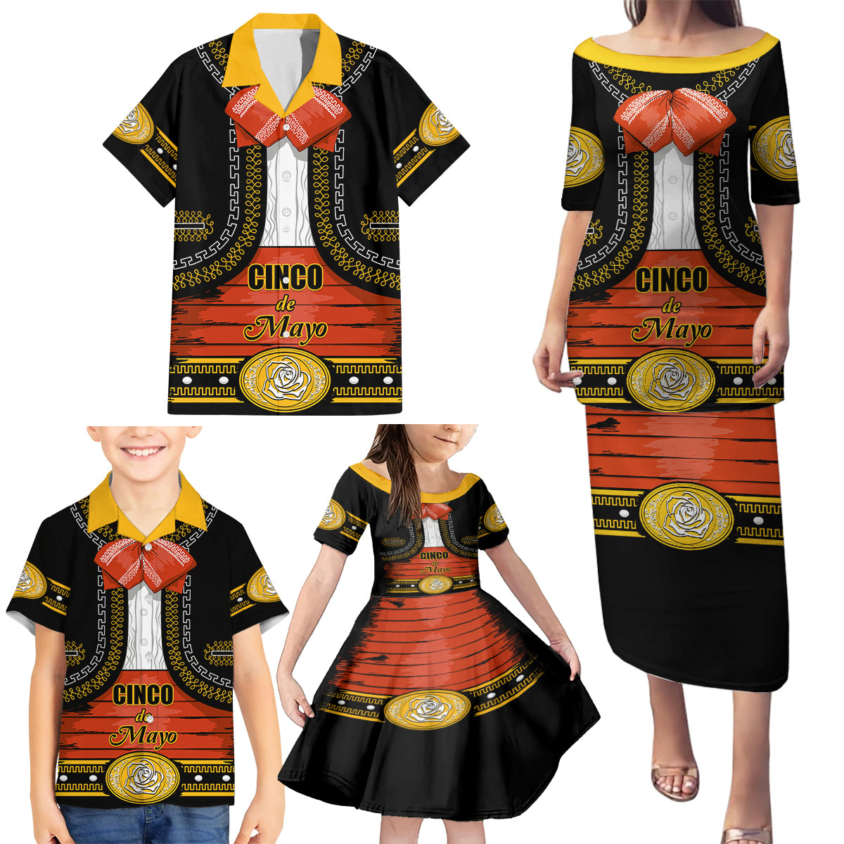 Cinco de Mayo 2024 Family Matching Puletasi and Hawaiian Shirt Traje de Charro Style - Wonder Print Shop